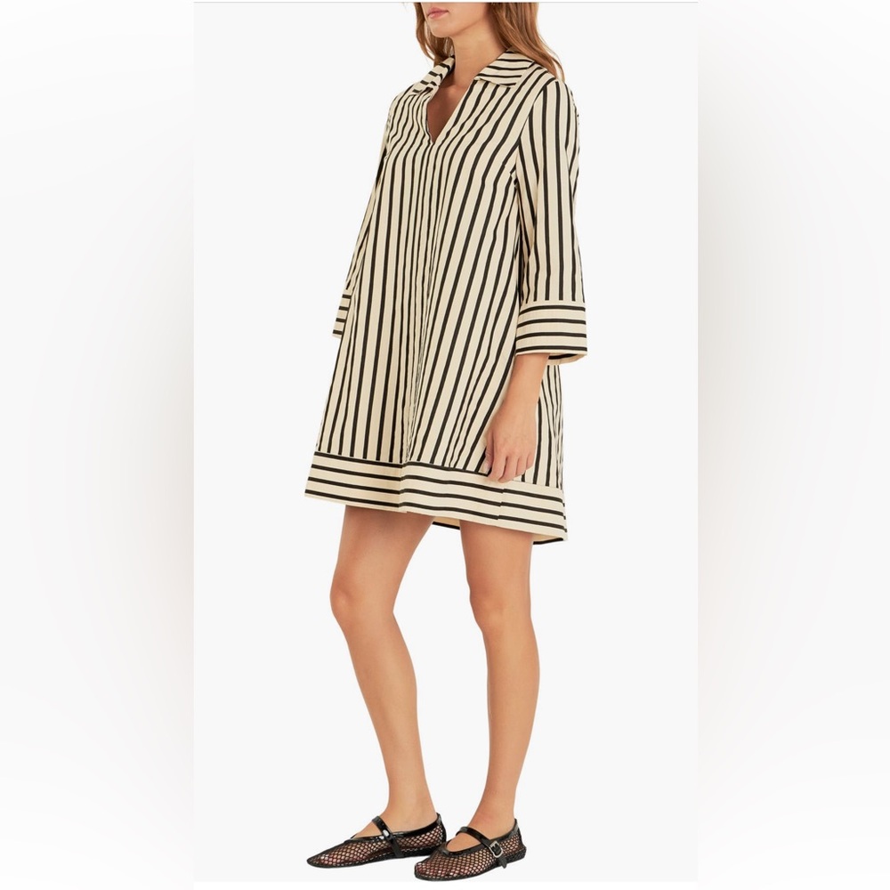 ENGLISH FACTORY Stripe Three Quarter Sleeve Dress in Beige/Black size Medium